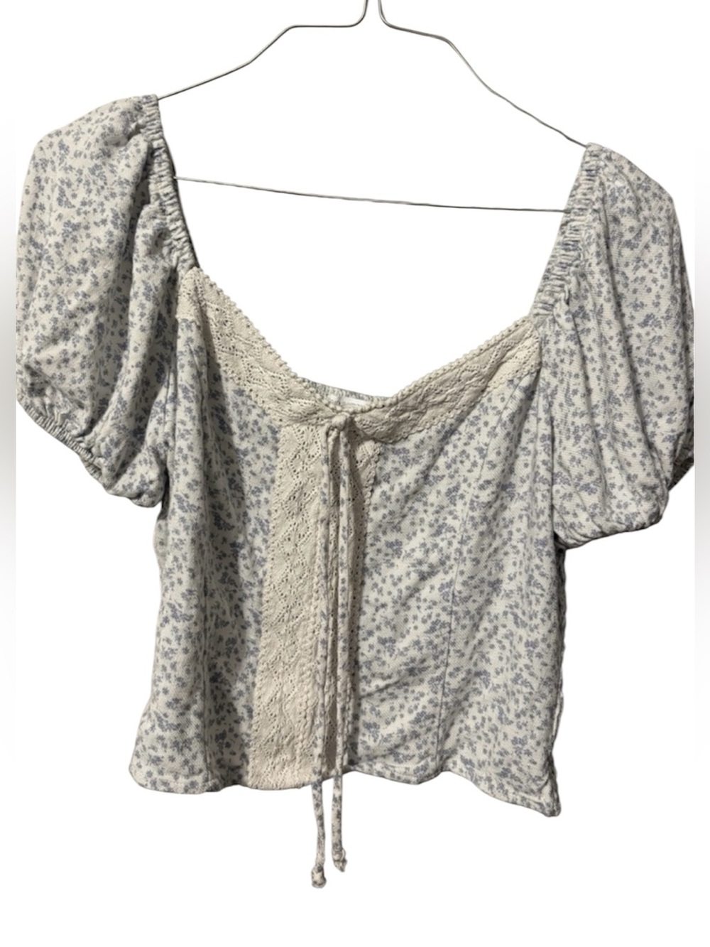 Sienna Sky Blue Floral Lace-Front Puff Sleeve Top